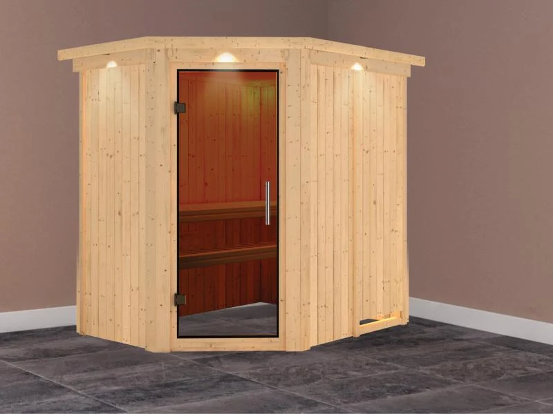 Saja - Karibu Sauna Plug & Play ohne Ofen - mit Dachkranz - Moderne Saunatür