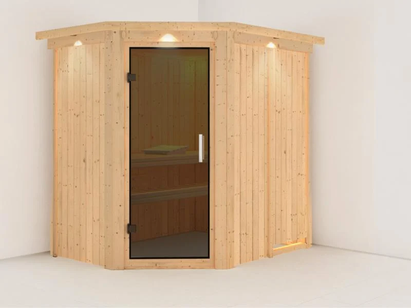 Saja - Karibu Sauna Plug & Play ohne Ofen - mit Dachkranz - Moderne Saunatür
