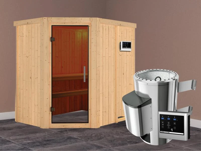 Saja - Karibu Sauna Plug & Play 3,6 kW Ofen, ext. Steuerung - ohne Dachkranz - Moderne Saunatür