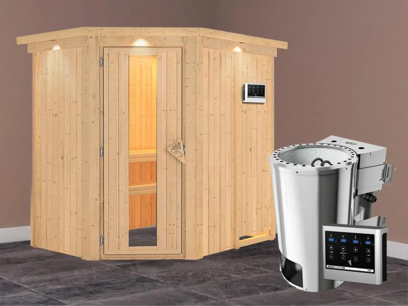 Saja - Karibu Sauna Plug & Play 3,6 kW Bio Ofen, ext. Steuerung - mit Dachkranz - Energiespartür