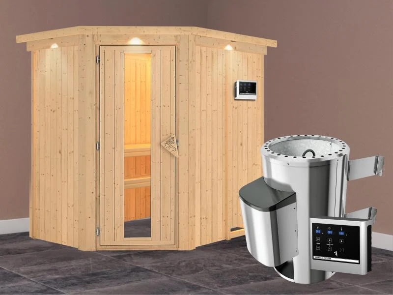 Saja - Karibu Sauna Plug & Play 3,6 kW Ofen, ext. Steuerung - mit Dachkranz - Energiespartür
