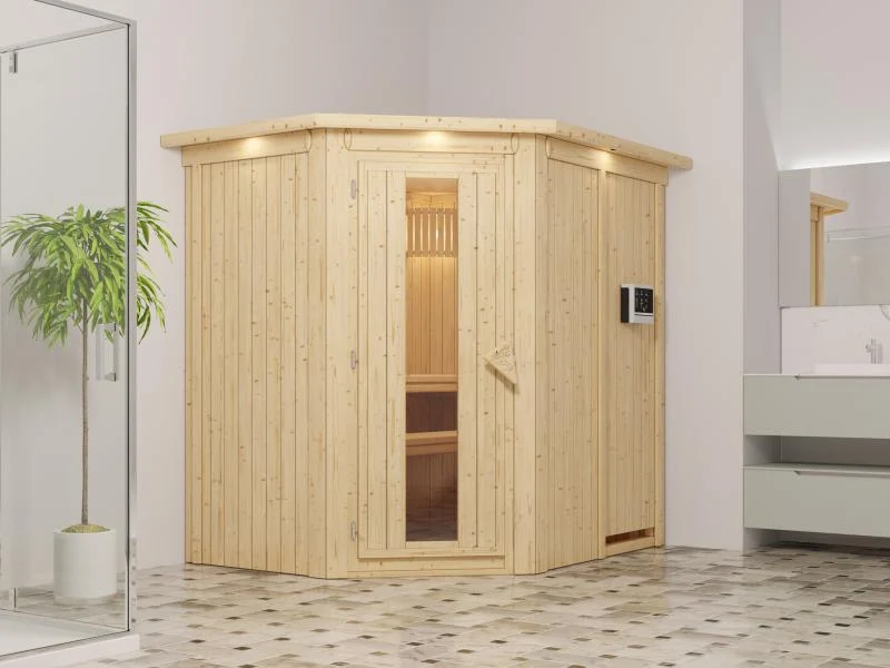Saja - Karibu Sauna Plug & Play 3,6 kW Ofen, ext. Steuerung - mit Dachkranz - Energiespartür