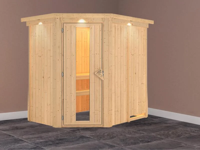 Saja - Karibu Sauna Plug & Play ohne Ofen - mit Dachkranz - Energiespartür