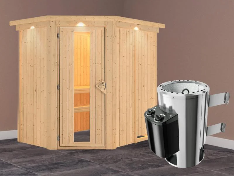 Saja - Karibu Sauna Plug & Play 3,6 kW Ofen, int. Steuerung - mit Dachkranz - Energiespartür