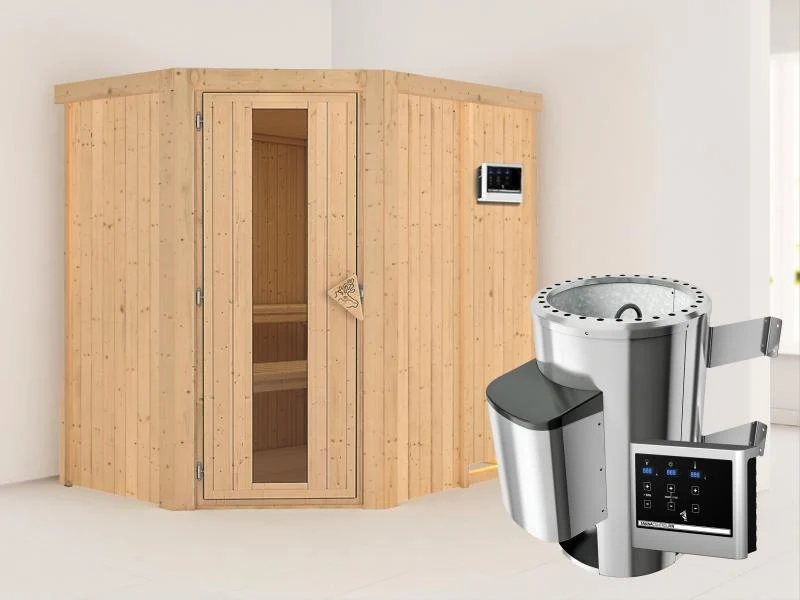 Saja - Karibu Sauna Plug & Play 3,6 kW Ofen, ext. Steuerung - ohne Dachkranz - Energiespartür