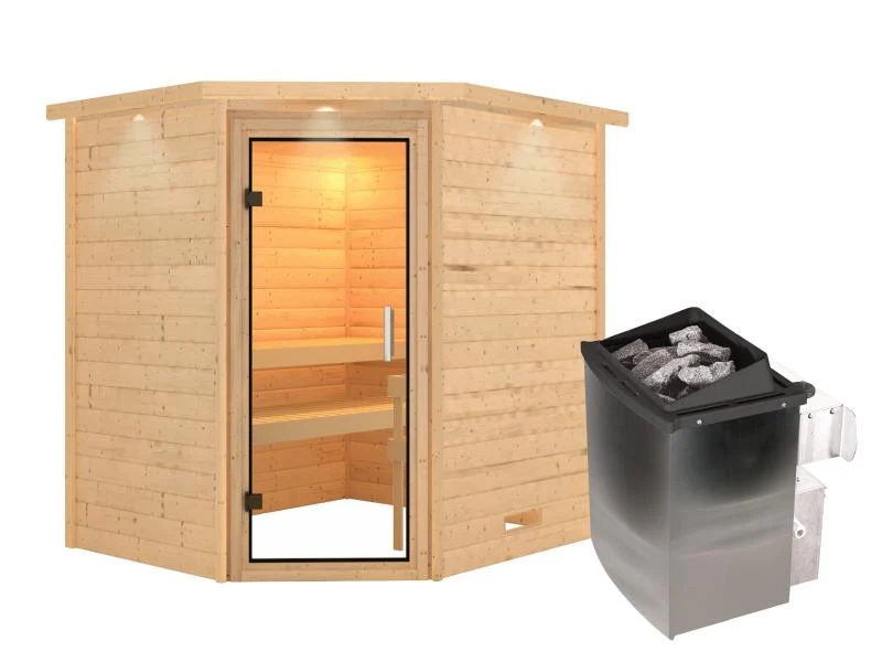 Karibu Sauna Mia inkl. 9 kW Bioofen ext. Steuerung, mit Klarglas Ganzglassaunatür -ohne Dachkranz-