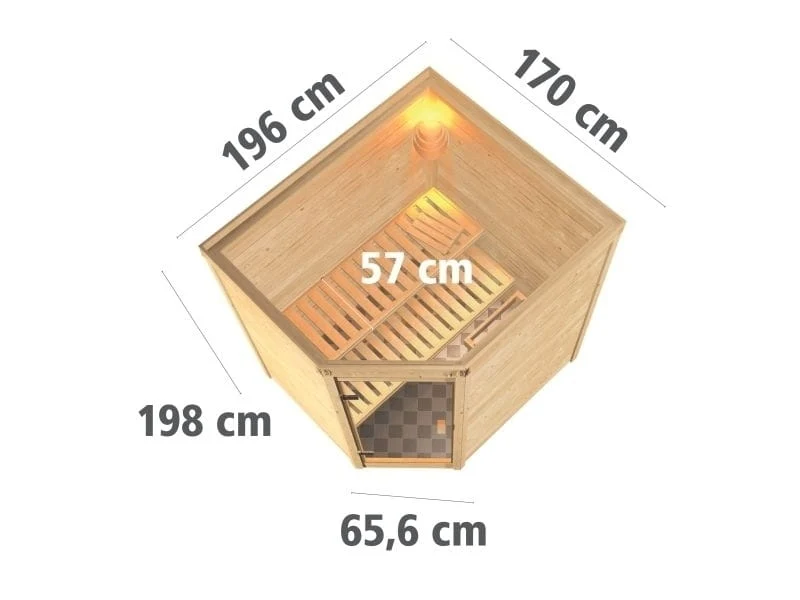 Karibu Sauna Mia inkl. 9 kW Ofen integr. Steuerung, mit Klarglas Ganzglassaunatür -ohne Dachkranz-
