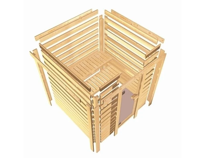 Karibu Sauna Mia inkl. 9 kW Bioofen ext. Steuerung, mit moderner Tür -mit Dachkranz-
