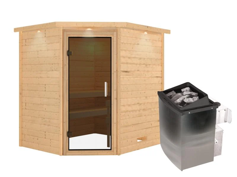 Karibu Sauna Mia inkl. 9 kW Ofen integr. Steuerung, mit moderner Saunatür -mit Dachkranz-