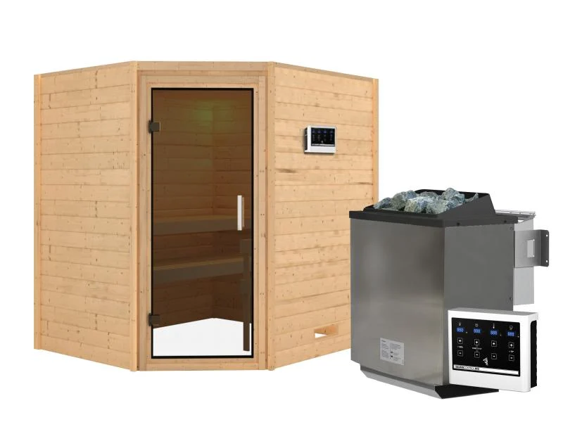 Karibu Sauna Mia inkl. 9 kW Bioofen ext. Steuerung, mit moderner Saunatür -ohne Dachkranz-