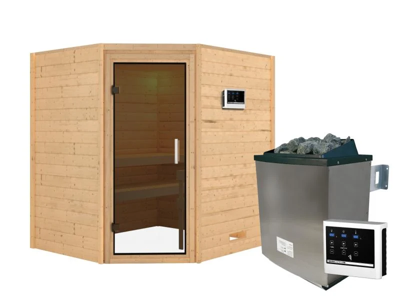 Karibu Sauna Mia inkl. 9 kW Ofen ext. Steuerung, mit moderner Saunatür -ohne Dachkranz-
