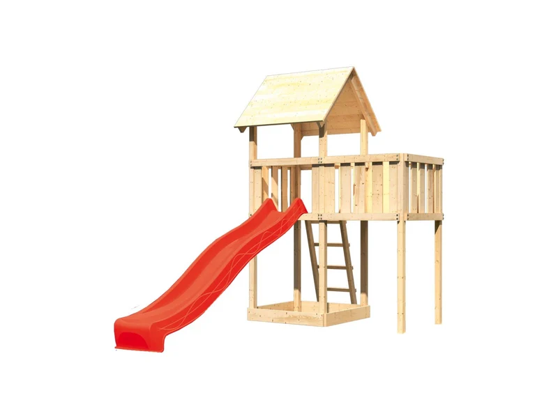 Karibu Spielturm Lotti natur mit Anbauplattform und Rutsche rot