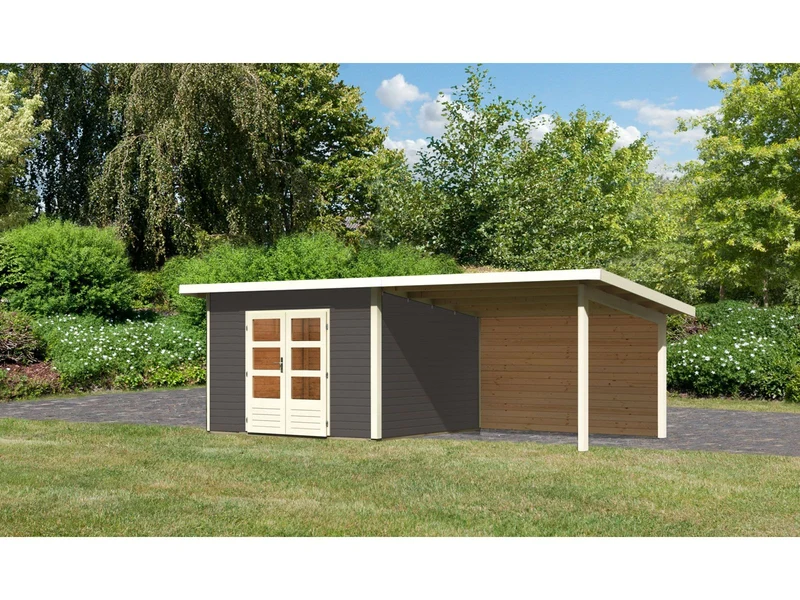 Karibu Gartenhaus Northeim 3 terragrau mit Anbaudach 3,0 Meter inkl. Rückwand