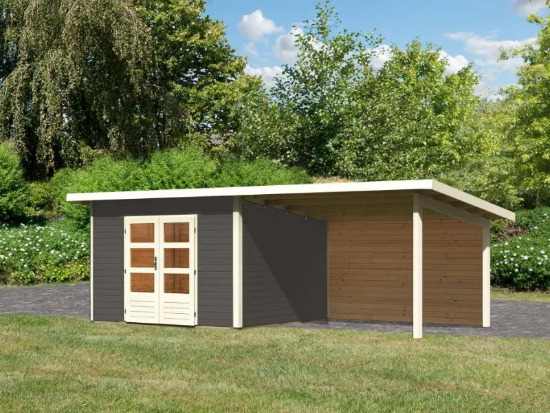 Karibu Gartenhaus Northeim 3 terragrau mit Anbaudach 3,0 Meter inkl. Rückwand