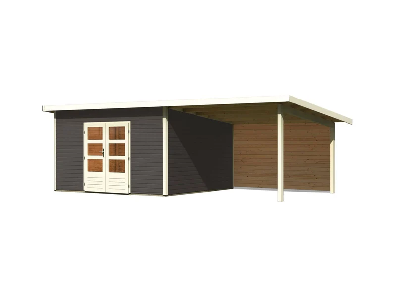 Karibu Gartenhaus Northeim 5 terragrau mit Anbaudach 3 m inkl. Rückwand
