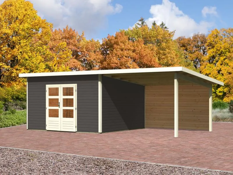 Karibu Gartenhaus Northeim 5 terragrau mit Anbaudach 3 m inkl. Rückwand