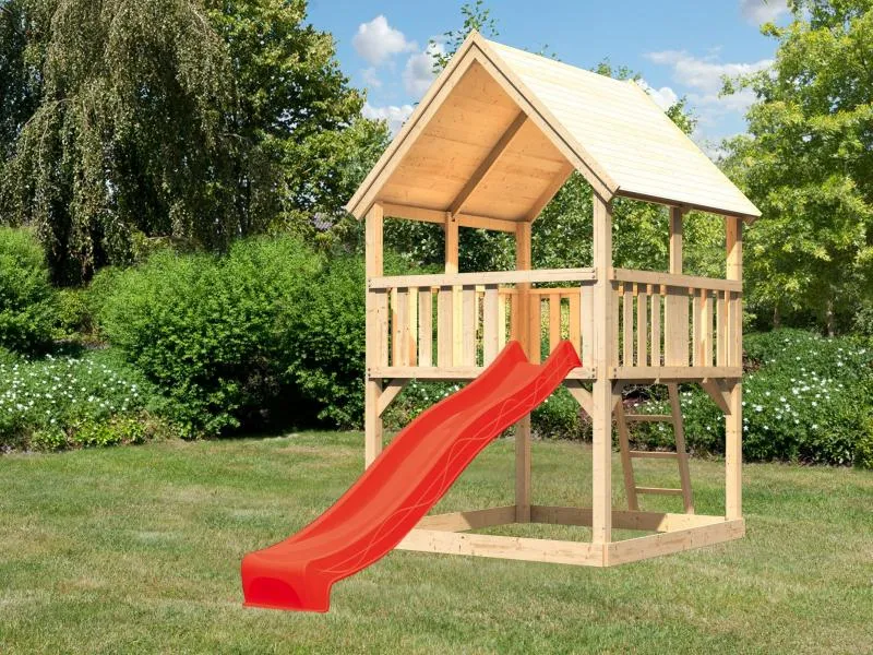Karibu Spielturm Luis Satteldach + Rutsche rot