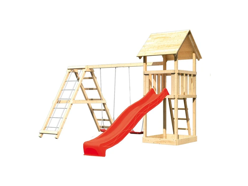 Karibu Spielturm Lotti mit Rutsche in rot und Doppelschaukel inkl. Klettergerüst
