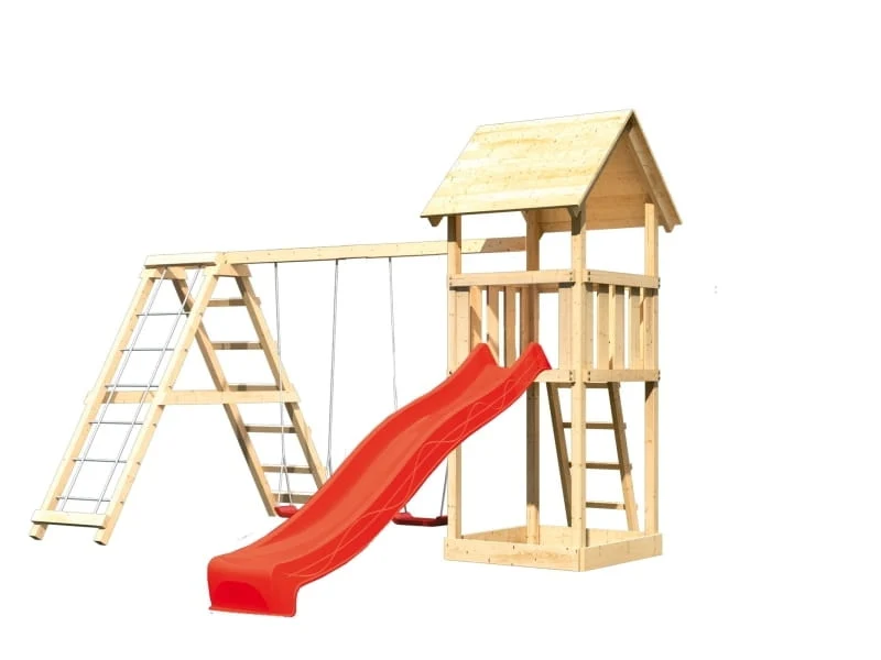 Karibu Spielturm Lotti mit Rutsche in rot und Doppelschaukel inkl. Klettergerüst