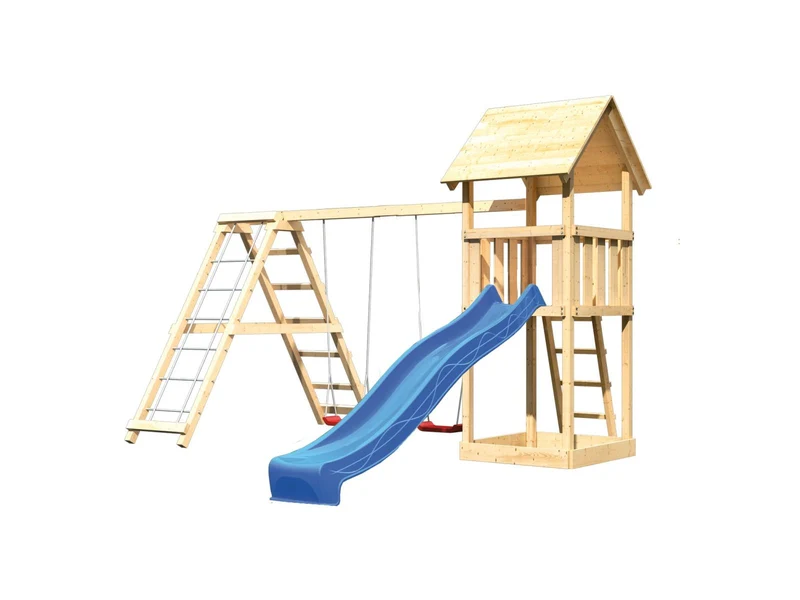 Karibu Spielturm Lotti mit Rutsche in blau und Doppelschaukel inkl. Klettergerüst