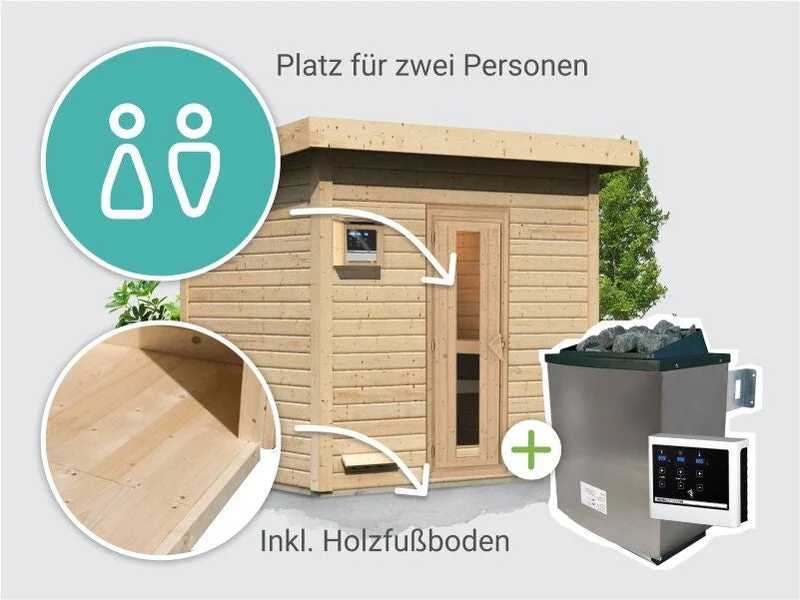 Norlinio Saunahaus Hella 3 38 mm - inkl. 9 kW Ofen ext. Steuerung - inkl. Dacheindeckung