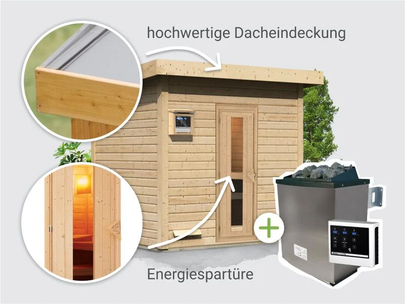 Norlinio Saunahaus Hella 3 38 mm - inkl. 9 kW Ofen ext. Steuerung - inkl. Dacheindeckung
