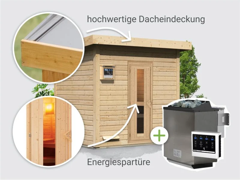 Norlinio Saunahaus Hella 3 38 mm - inkl. 9 kW Bioofen ext. Steuerung - inkl. Dacheindeckung