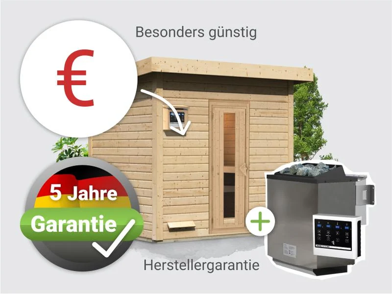Norlinio Saunahaus Hella 3 38 mm - inkl. 9 kW Bioofen ext. Steuerung - inkl. Dacheindeckung
