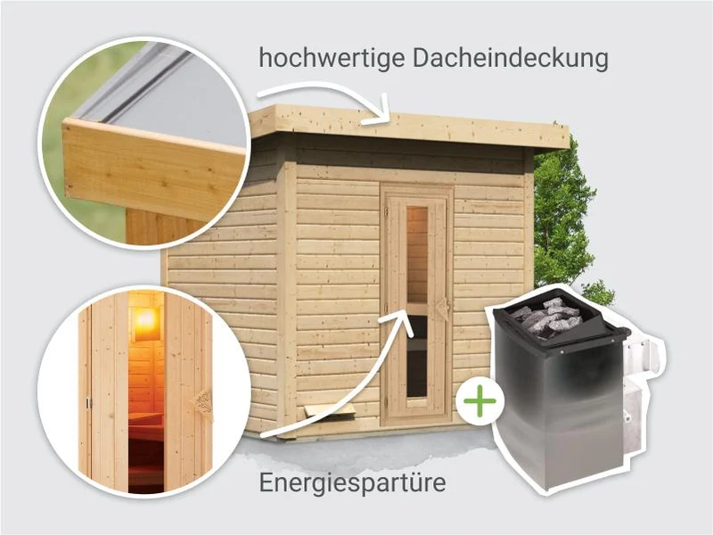 Norlinio Saunahaus Hella 3 38 mm - inkl. 9 kW Ofen integr. Steuerung - inkl. Dacheindeckung