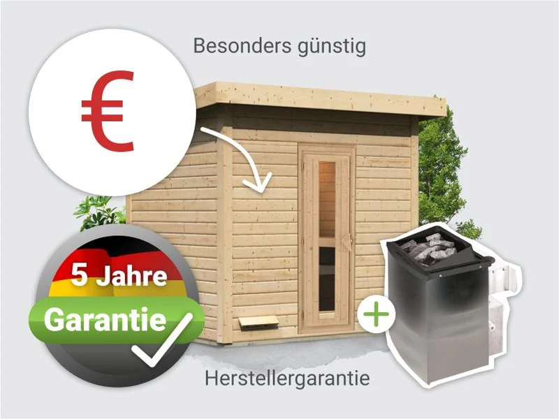 Norlinio Saunahaus Hella 3 38 mm - inkl. 9 kW Ofen integr. Steuerung - inkl. Dacheindeckung