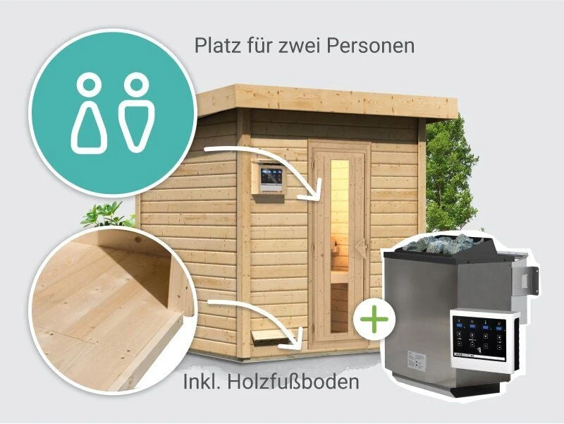 Norlinio Saunahaus Hella 2 38 mm - inkl. 9 kW Bioofen ext. Steuerung - mit Dacheindeckung