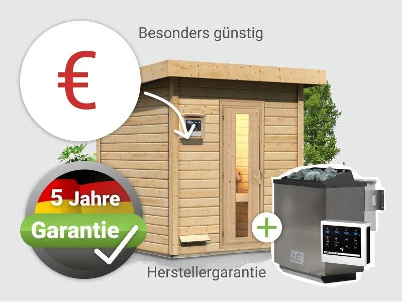 Norlinio Saunahaus Hella 2 38 mm - inkl. 9 kW Bioofen ext. Steuerung - mit Dacheindeckung