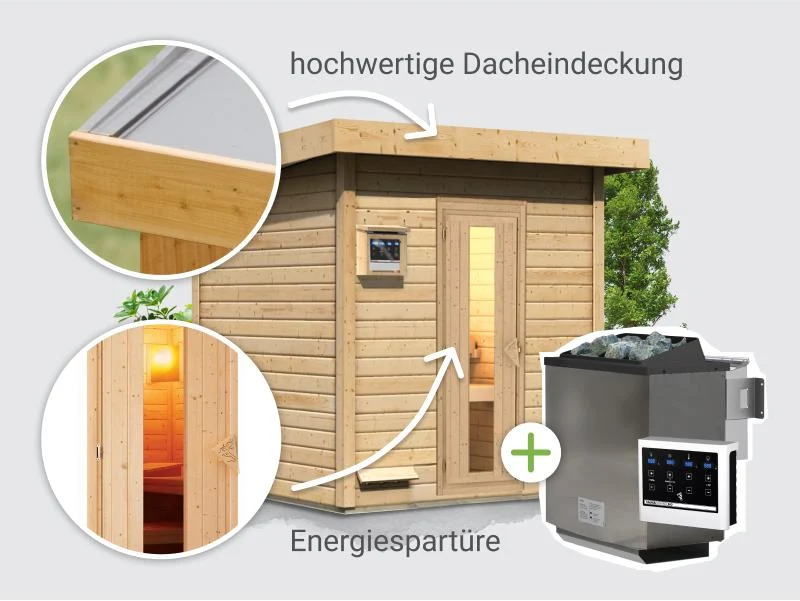 Norlinio Saunahaus Hella 2 38 mm - inkl. 9 kW Bioofen ext. Steuerung - mit Dacheindeckung