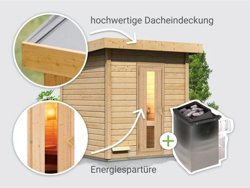 Norlinio Saunahaus Hella 2 38 mm - inkl. 9 kW Ofen integr. Steuerung - mit Dacheindeckung