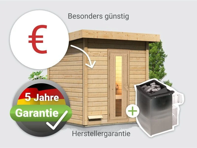 Norlinio Saunahaus Hella 2 38 mm - inkl. 9 kW Ofen integr. Steuerung - mit Dacheindeckung
