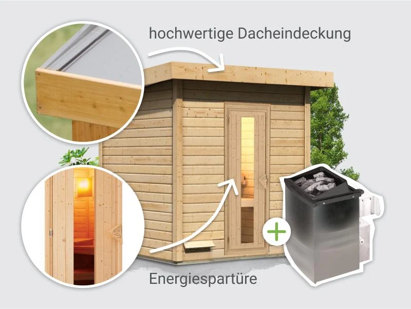Norlinio Saunahaus Hella 2 38 mm - inkl. 9 kW Ofen integr. Steuerung - mit Dacheindeckung