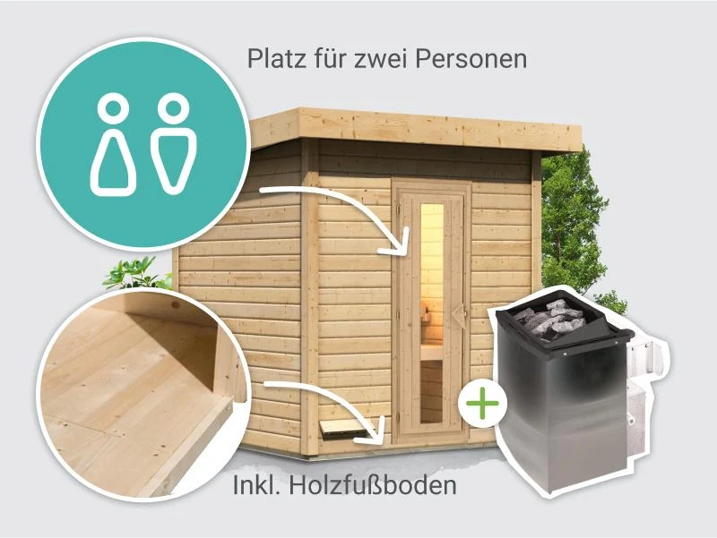 Norlinio Saunahaus Hella 2 38 mm - inkl. 9 kW Ofen integr. Steuerung - mit Dacheindeckung