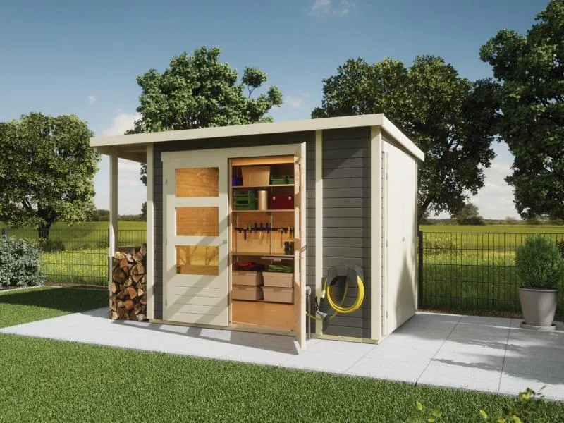 Karibu Multifunktionshaus Pultdach mit Schrank und Anbaudach 19 mm, terragrau