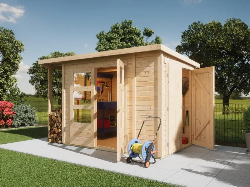 Karibu Multifunktionshaus Pultdach mit Schrank und Anbaudach 19 mm