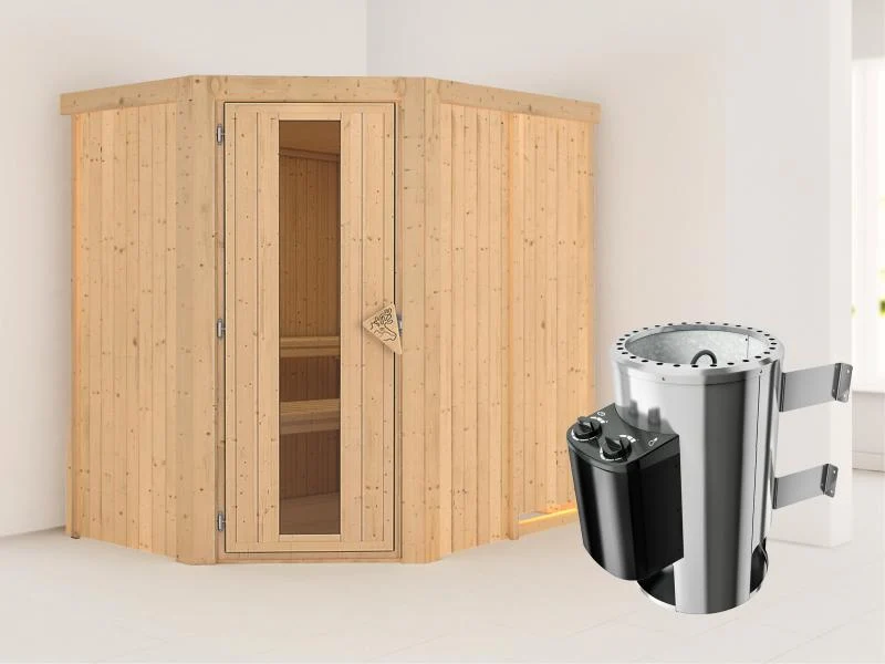 Saja - Karibu Sauna Plug & Play 3,6 kW Ofen, int. Steuerung - ohne Dachkranz - Energiespartür