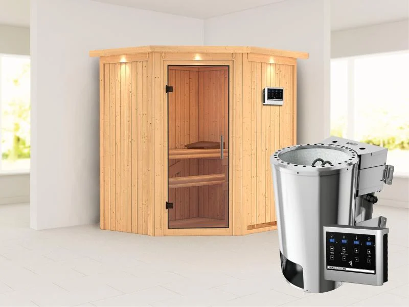 Tonja - Karibu Sauna Plug & Play 3,6 kW Bio Ofen, ext. Steuerung - mit Dachkranz - Klarglas Ganzglas