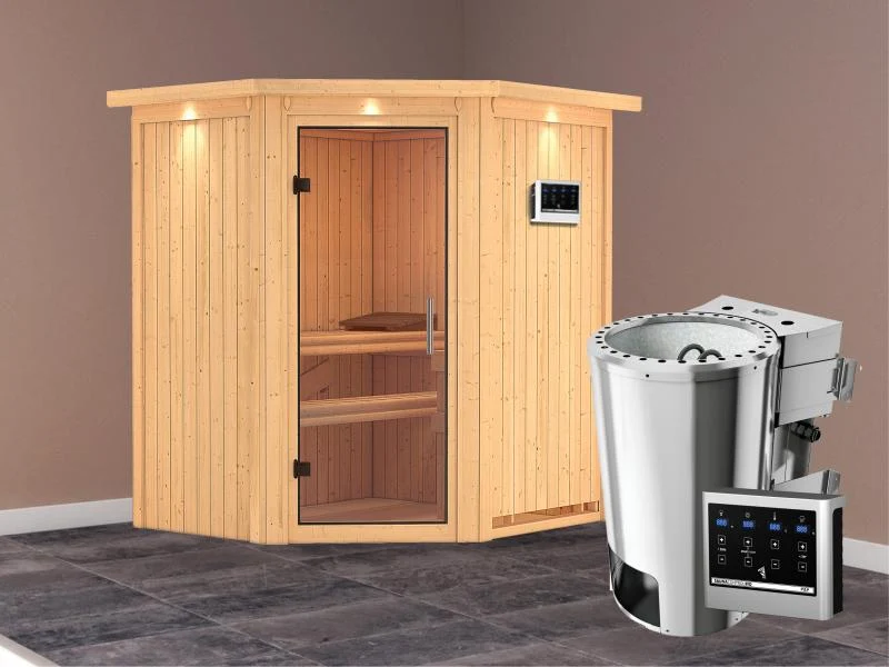 Tonja - Karibu Sauna Plug & Play 3,6 kW Bio Ofen, ext. Steuerung - mit Dachkranz - Klarglas Ganzglas