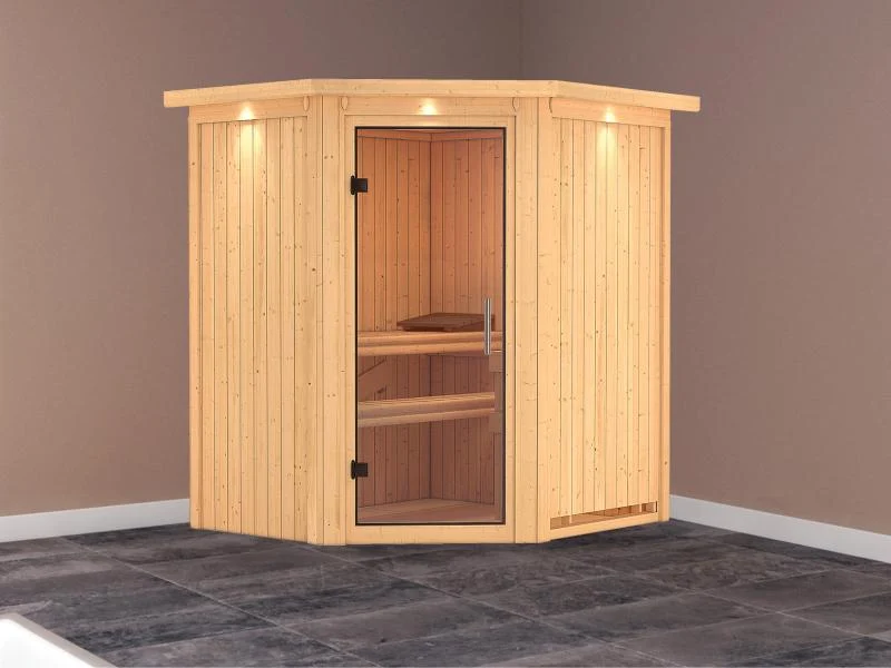 Tonja - Karibu Sauna Plug & Play ohne Ofen - mit Dachkranz - Klarglas Ganzglastür