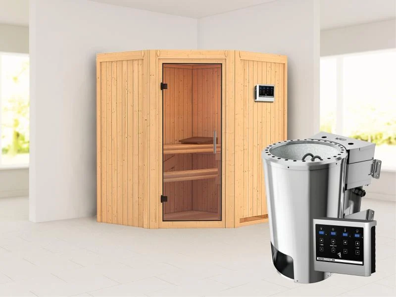 Tonja - Karibu Sauna Plug & Play 3,6 kW Bio Ofen, ext. Steuerung - ohne Dachkranz - Klarglas Ganzgla