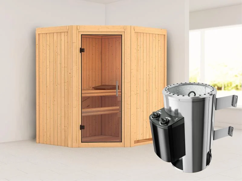 Tonja - Karibu Sauna Plug & Play 3,6 kW Ofen, int. Steuerung - ohne Dachkranz - Klarglas Ganzglastür