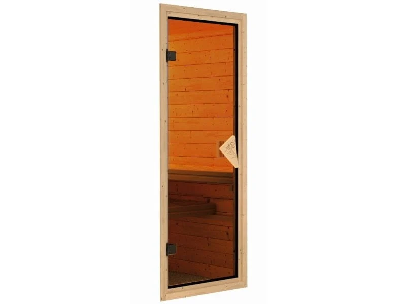 Karibu Sauna Mia inkl. 9 kW Bioofen ext. Steuerung, mit klassischer Saunatür -mit Dachkranz-