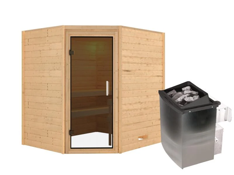 Karibu Sauna Mia inkl. 9 kW Ofen integr. Steuerung, mit moderner Saunatür -ohne Dachkranz-