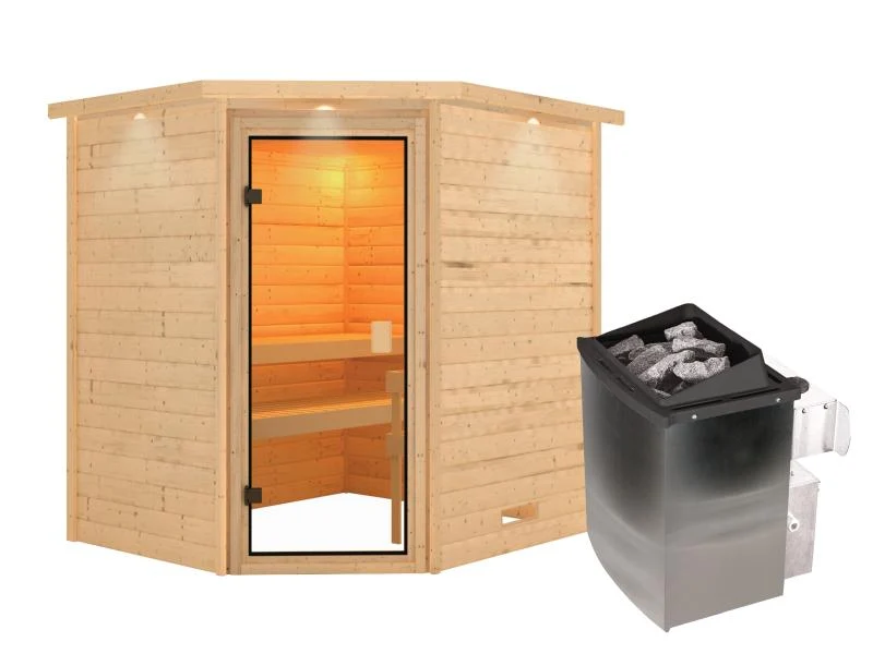Karibu Sauna Mia inkl. 9 kW Ofen integr. Steuerung, mit klassicher Saunatür -mit Dachkranz-