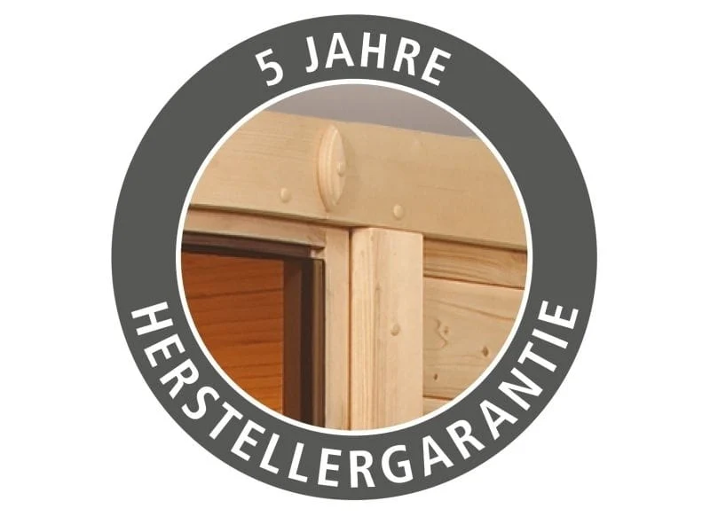 Karibu Sauna Mia inkl. 9 kW Ofen integr. Steuerung, mit klassicher Saunatür -mit Dachkranz-