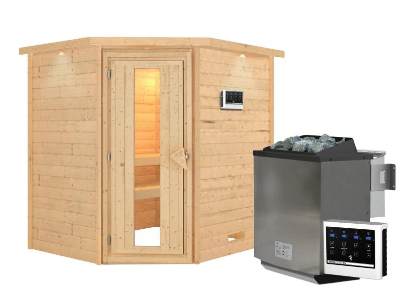 Karibu Sauna Mia inkl. 9 kW Bioofen ext. Steuerung, mit energiesparender Saunatür -mit Dachkranz-